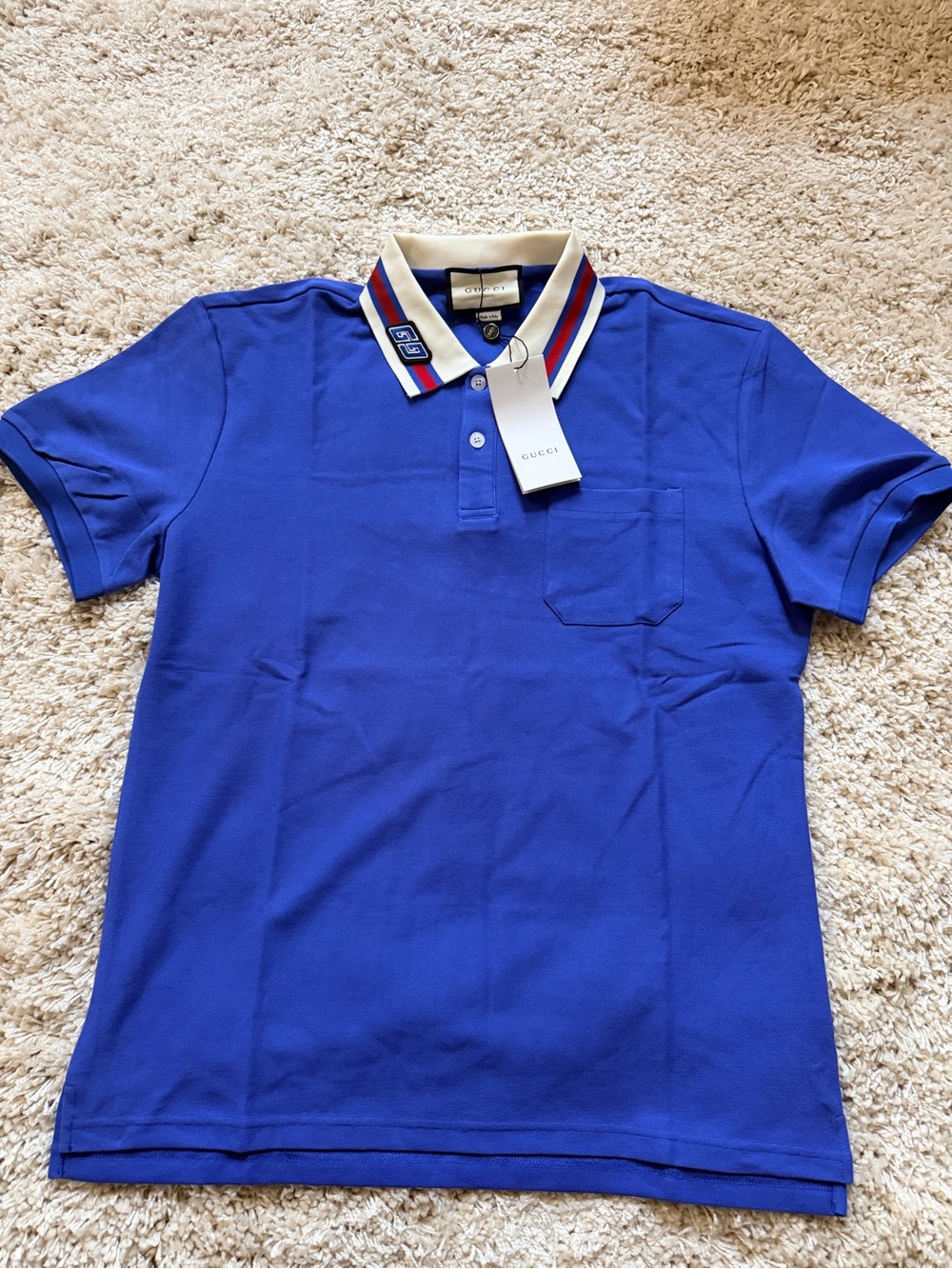 Gucci Men's Cobalt Blue Polo with Contrast Stripe Collar